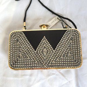 NWT KATE LANDRY Black Satin Rhinestone Clutch Evening Shoulder Bag